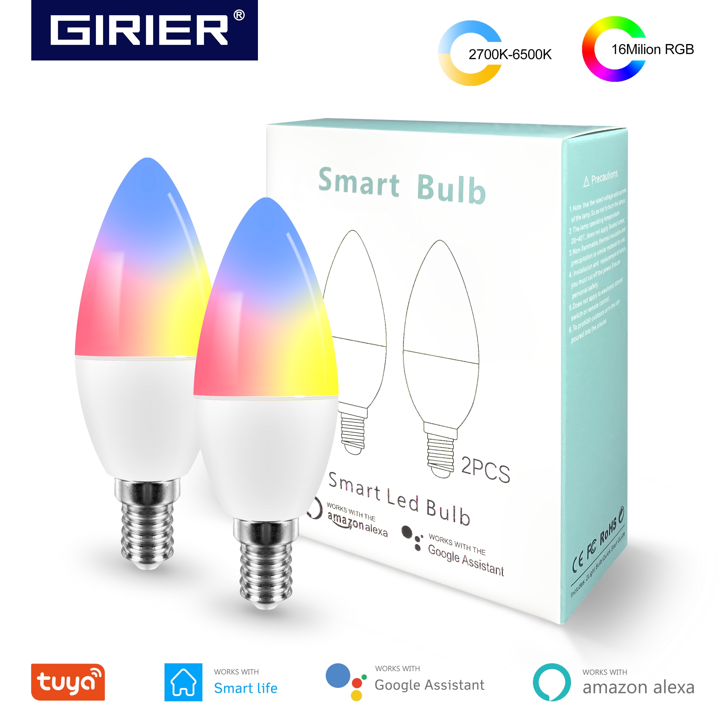 Tuya Smart Wifi LED Bulb E14, RGB Dimmable Light Bulb...